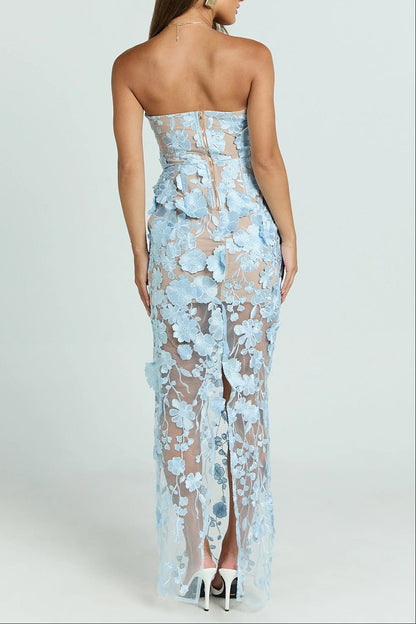 blue three-dimensional flower bandeau maxi dress