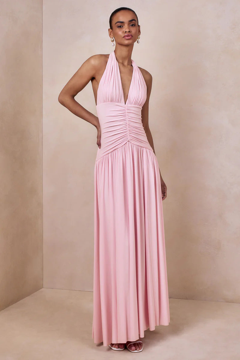 pink halterneck open back slip maxi dress