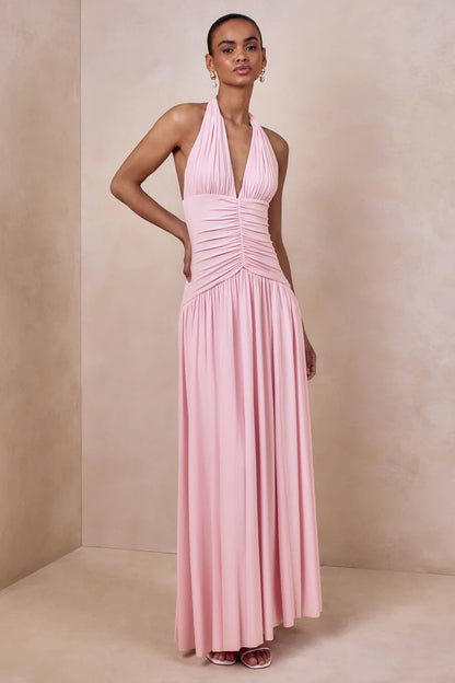 pink halterneck open back slip maxi dress