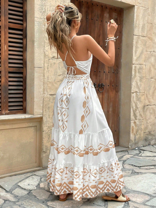White Camel Tribal Geometric Print Halter Tiered Midi Dress
