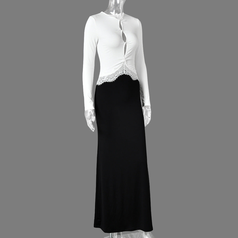 Premium Fabric Long-Sleeve Cut-Out Top with Lace Detail Premium Fabric - product view 3