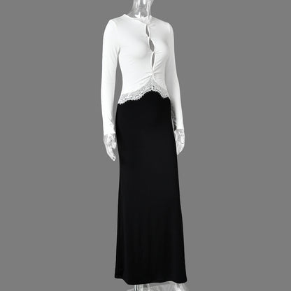 Premium Fabric Long-Sleeve Cut-Out Top with Lace Detail Premium Fabric - product view 3