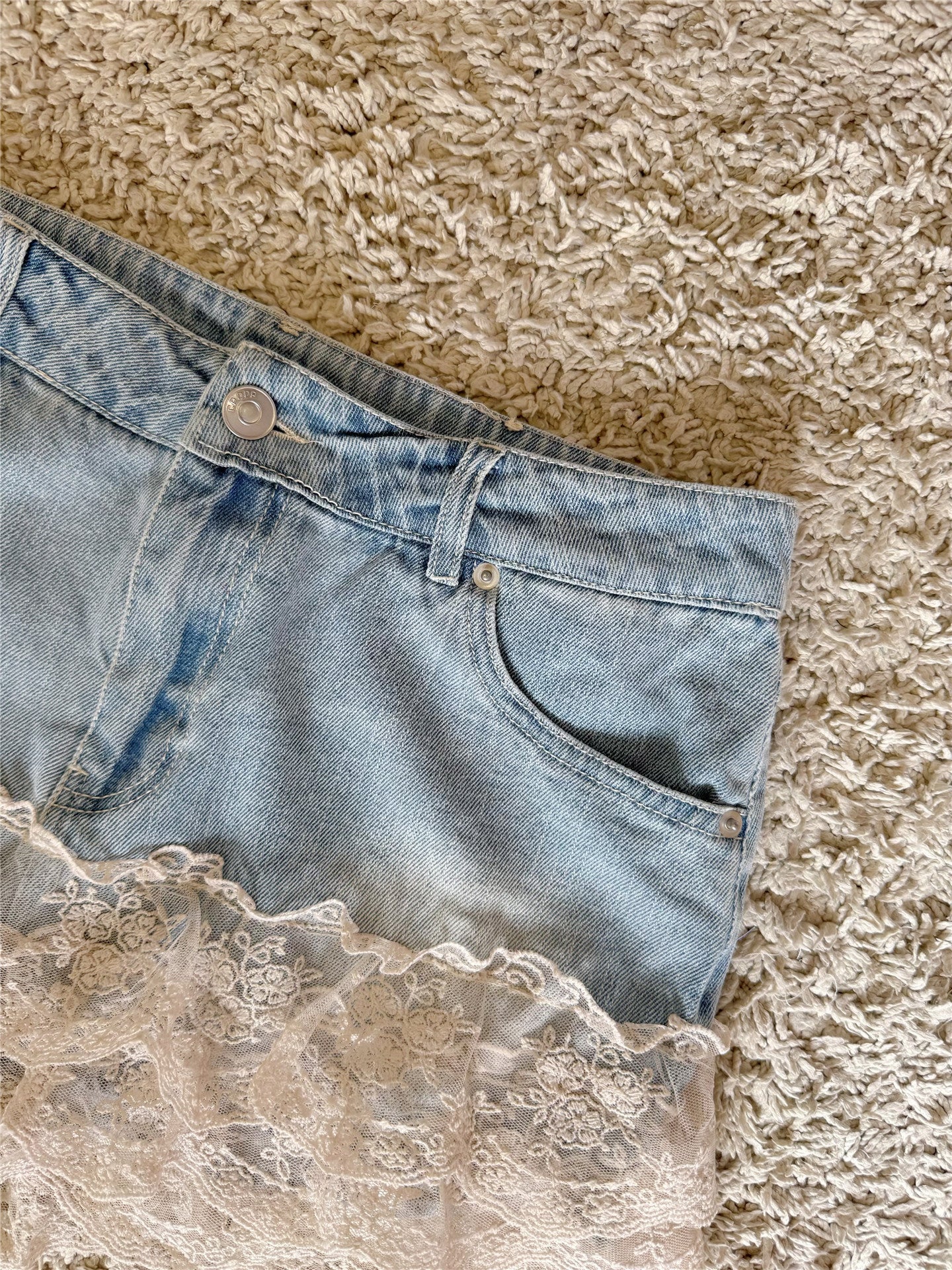 layered lace ruffle patchwork with pure cotton denim low-rise mini short skirt