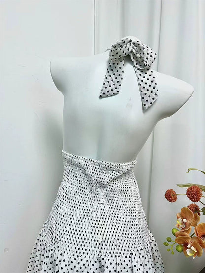 black polka dot halterneck open waist slap dress