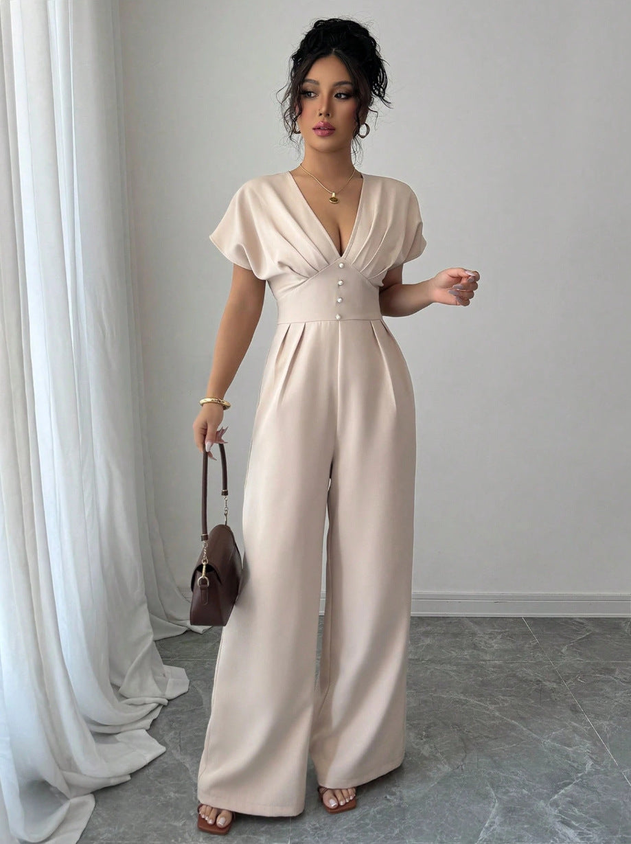 apricot V-neck short-sleeved waist wide-leg jumpsuit