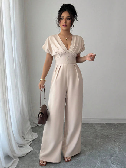 apricot V-neck short-sleeved waist wide-leg jumpsuit
