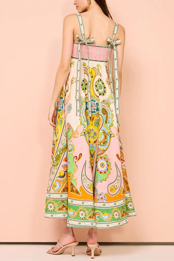 Spaghetti strap graffiti print sleeveless bow flared cotton linen dress