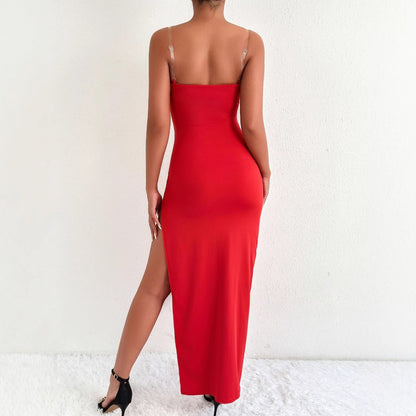 jodie red V-neck backless slit halter maxi dress