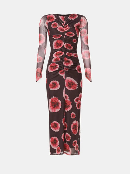 brown Printed mesh long-sleeve ruched slit midi dress