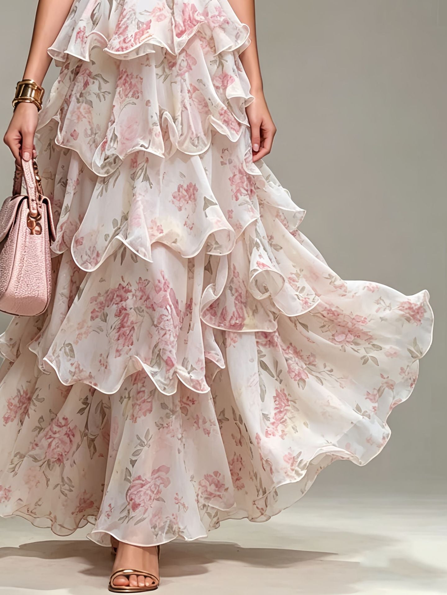 Floral Halter-Neck Chiffon Tiered maxi Dress with Silhouette