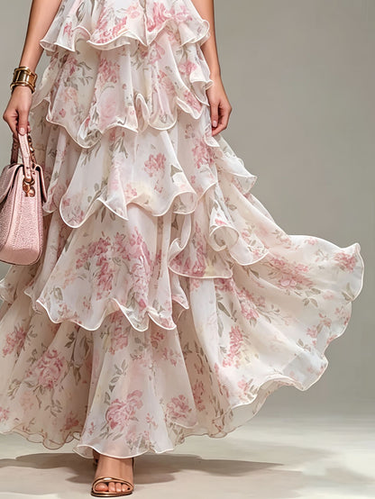 Floral Halter-Neck Chiffon Tiered maxi Dress with Silhouette