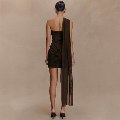 brown Bandeau Streamer Pleated mini Dress