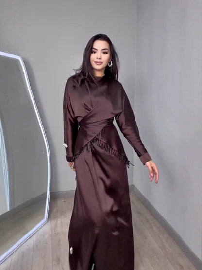 brown long-sleeved maxi dress