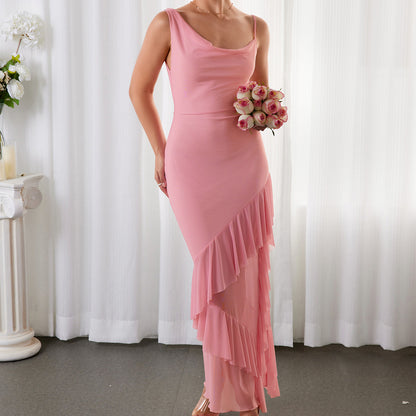 pink mesh backless irregular slit hip dress