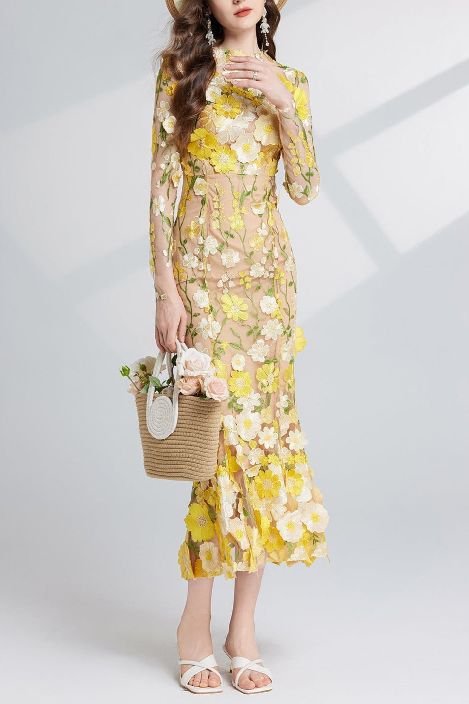 CAROL YELLOW FLORAL EMBROIDERY MESH LONG SLEEVE MIDI DRESS