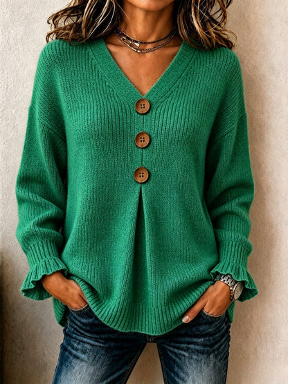 V-neck Ruffled Sleeves Knit Sweater
