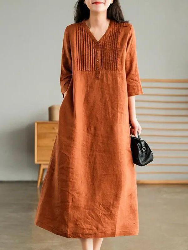 Country-style V-neck patchwork midi dress