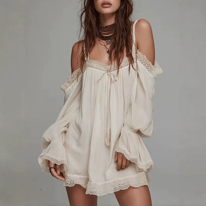 off-shoulder camisole mini dress with lace trim