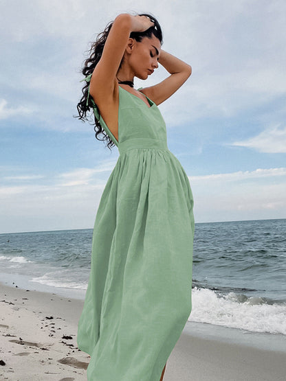 cotton linen backless strap midi dress