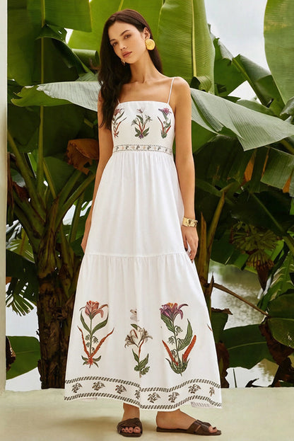 white suspender printed backless beach dress