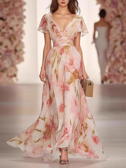 Deep V Ruffle Sleeve Watercolor Floral Chiffon Maxi Dress