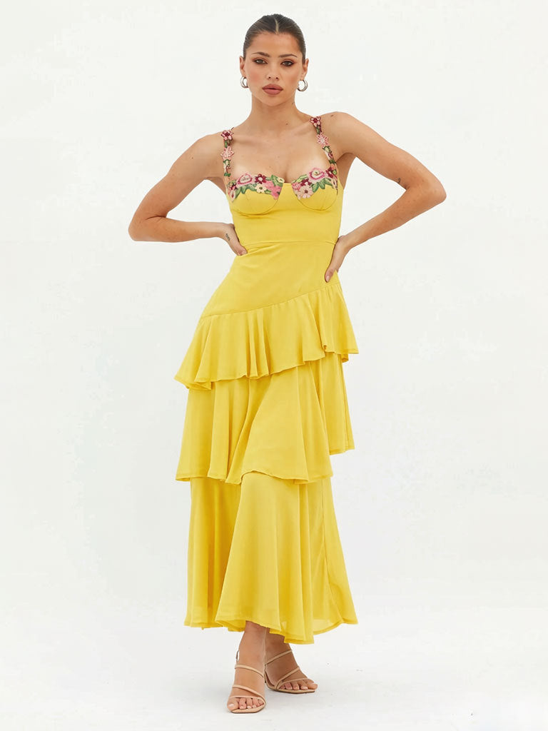 yellow Cascading Ruffle Floral Decorative Dress