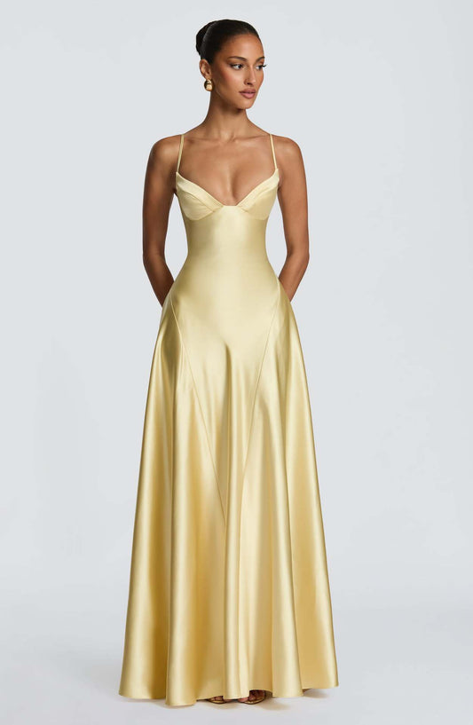 yellow Spaghetti Deep V Large Swing maxi Dress
