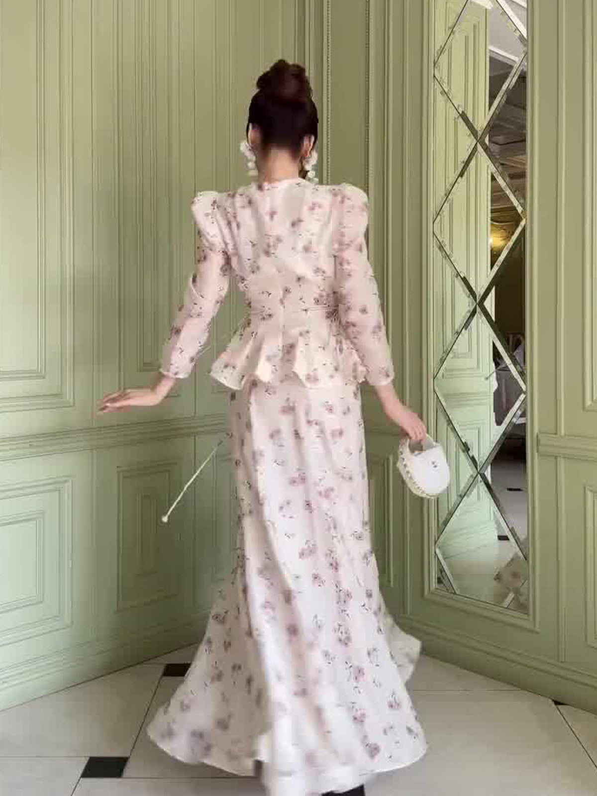 pink Floral Long Sleeve Top Long Skirt