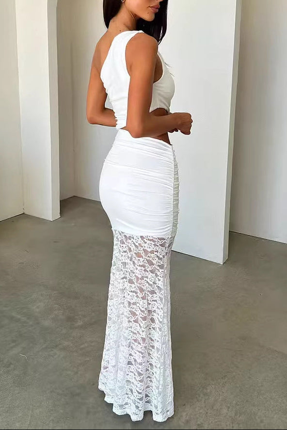 white slanted shoulder cutout sleeveless two piece set