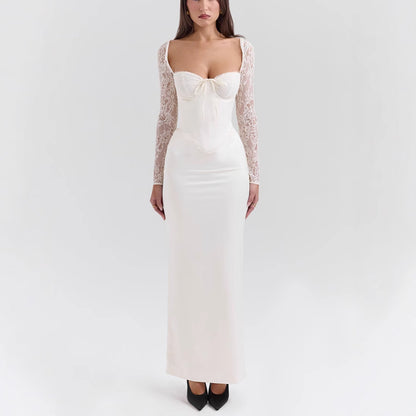 Bodycon lace long-sleeved slim-fit maxi dress - white
