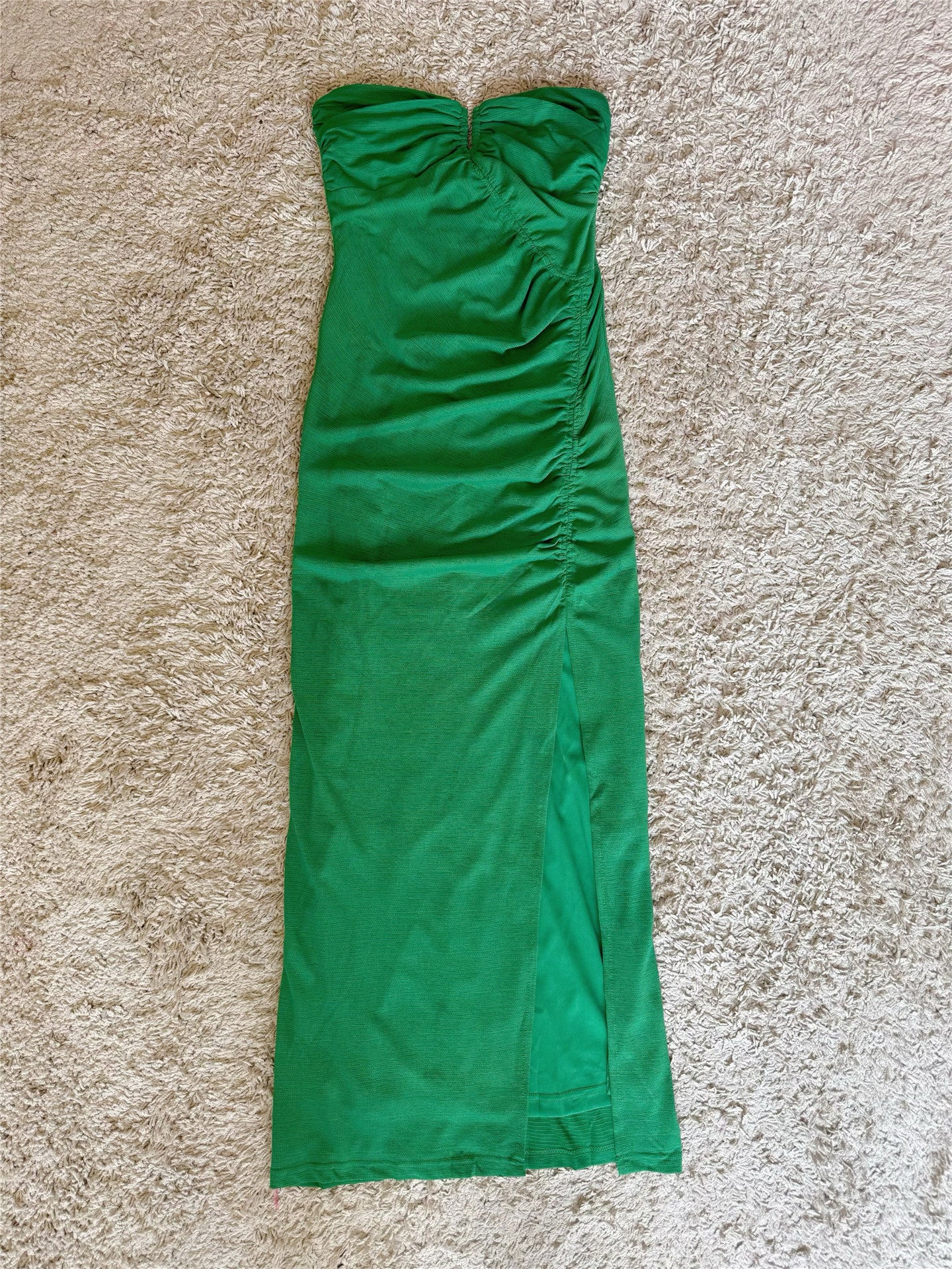 Strapless Front Keyhole Ruched Side Slit Midi Bodycon Dress