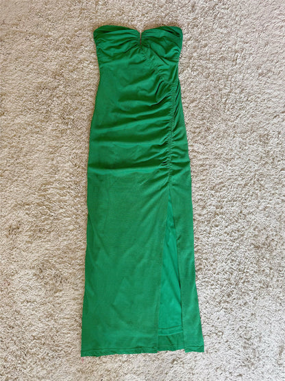 Strapless Front Keyhole Ruched Side Slit Midi Bodycon Dress