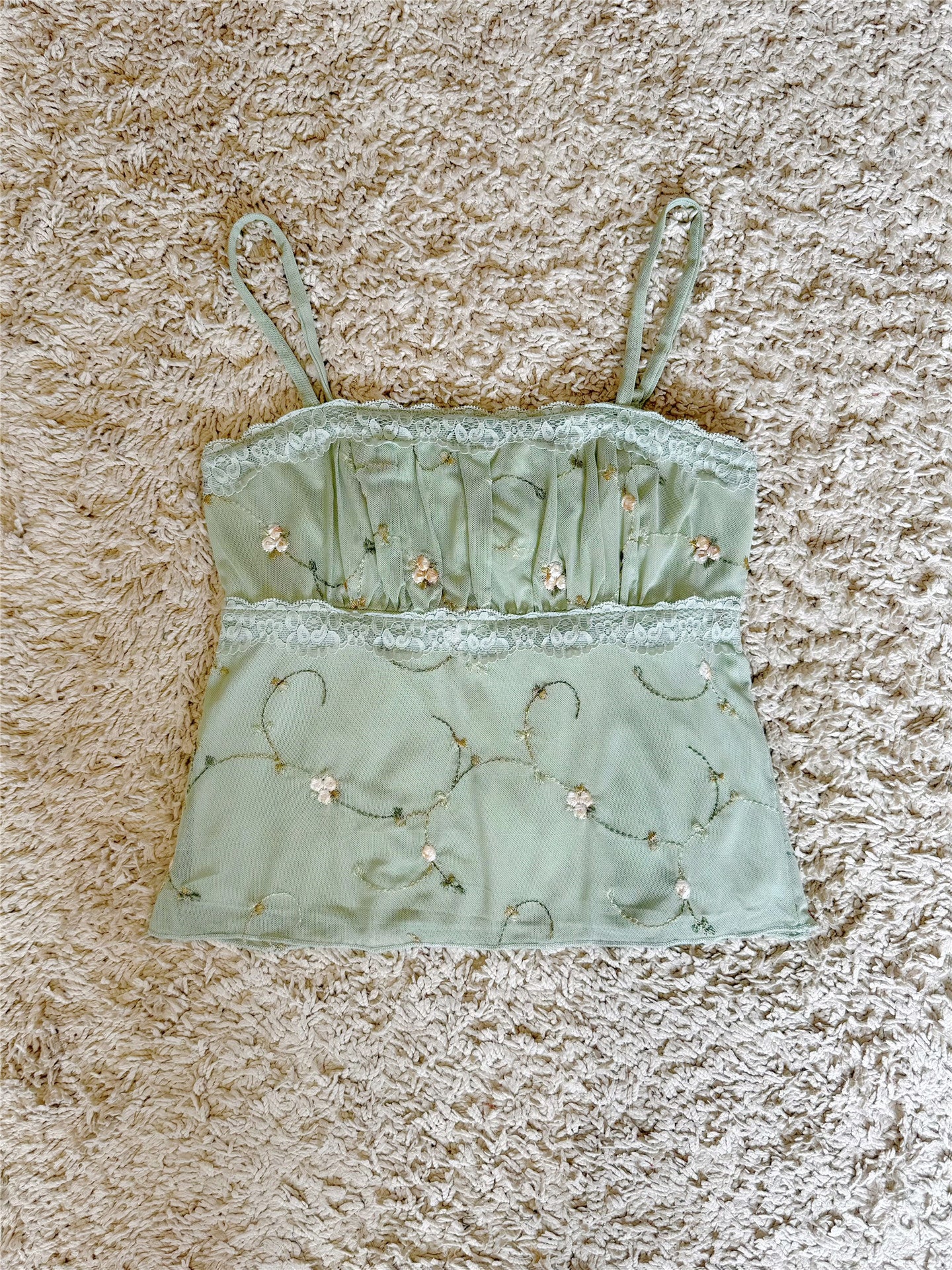 Floral Embroidery Lace Trim Mesh Cami Top