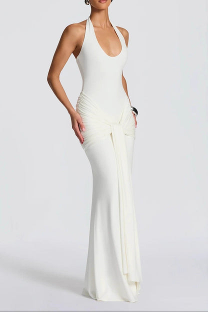 white streamer splicing suspender halterneck dress