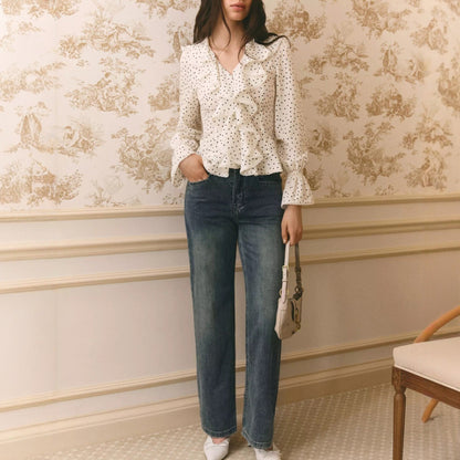 French-style polka dot shirt with ruffles