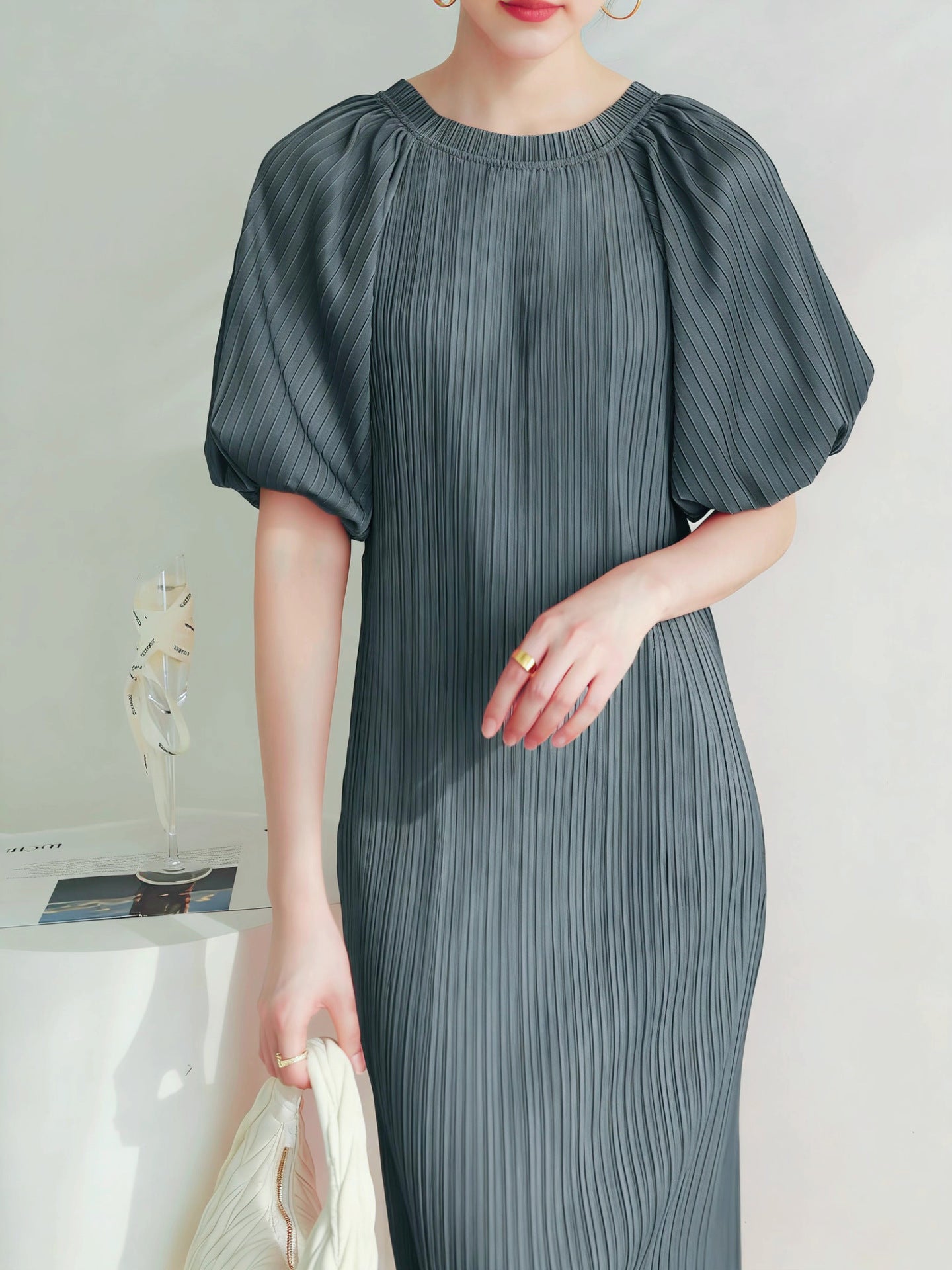 Pleated pastoral style bubble short-sleeved midi dress