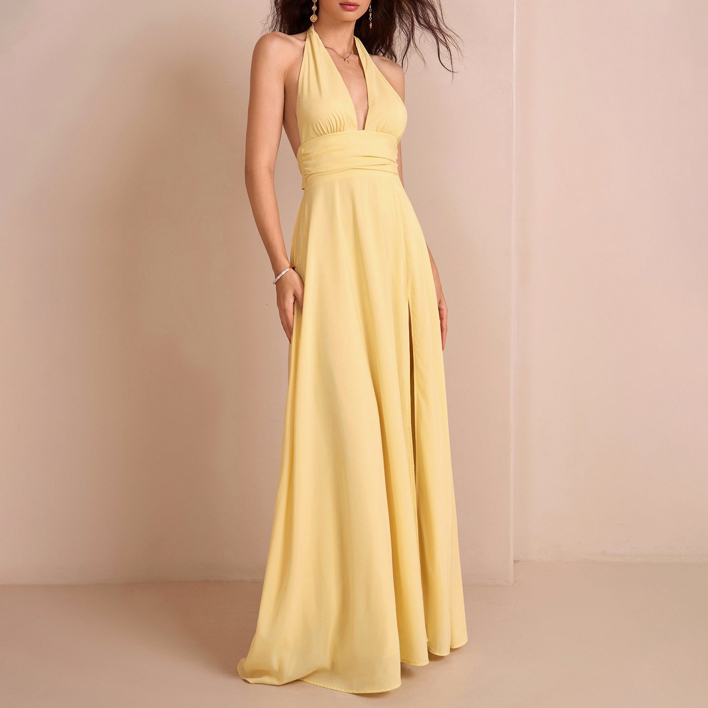 yellow deep V halter tie backless slit gown