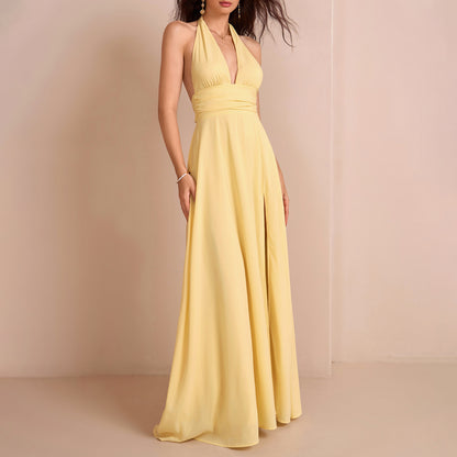 yellow deep V halter tie backless slit gown