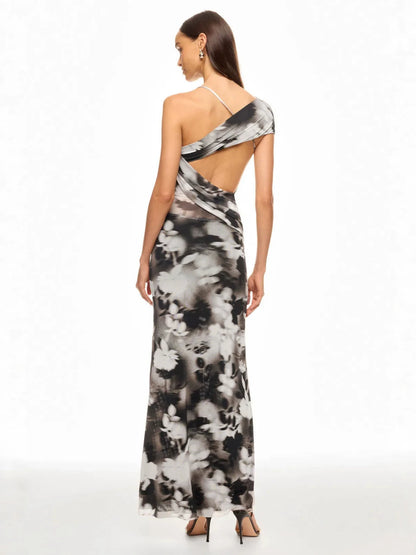 Ink-wash floral print backless mesh ruched bodycon maxi dress