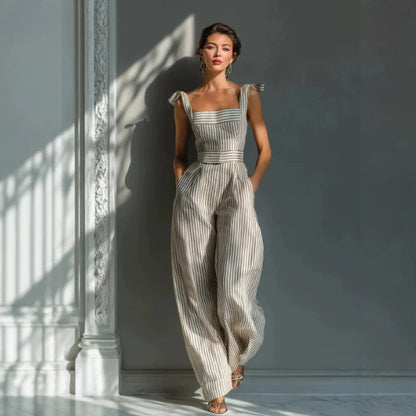 striped spaghetti strap pocket jumpsuit