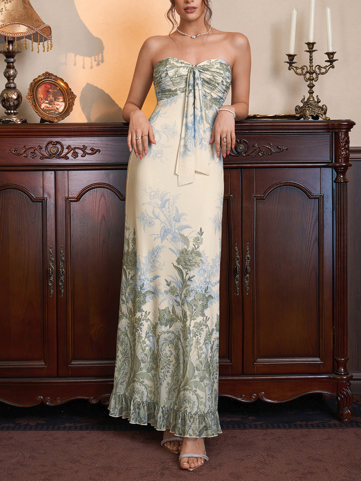 green mesh print strapless back ruffled embroidered dress