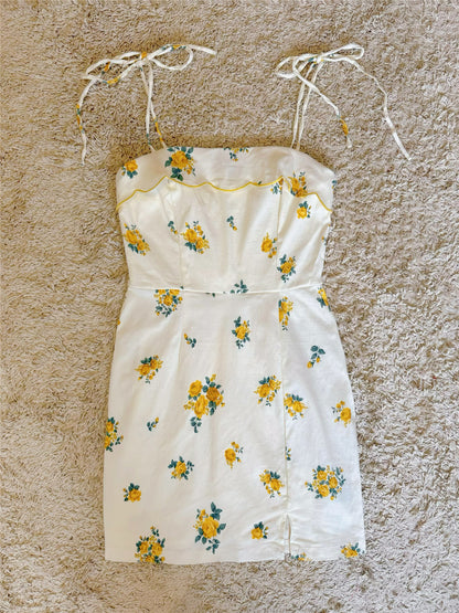 Tie Strap Yellow Floral Split Mini Dress