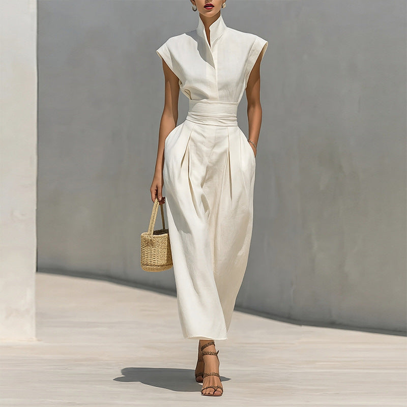 white sleeveless waist maxi dress