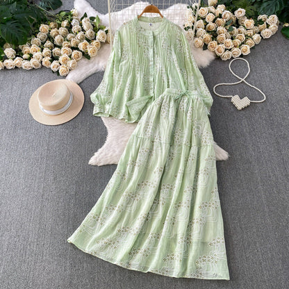 Summer Embroidered Floral Round Neck Pleated Long Sleeve Shirt Two-Piece Set