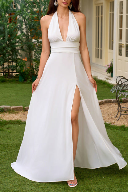 White Chiffon Halter Deep V Waistband High Slit Maxi Gown