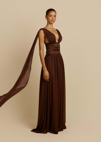 brown swing pleated waist maxi dress