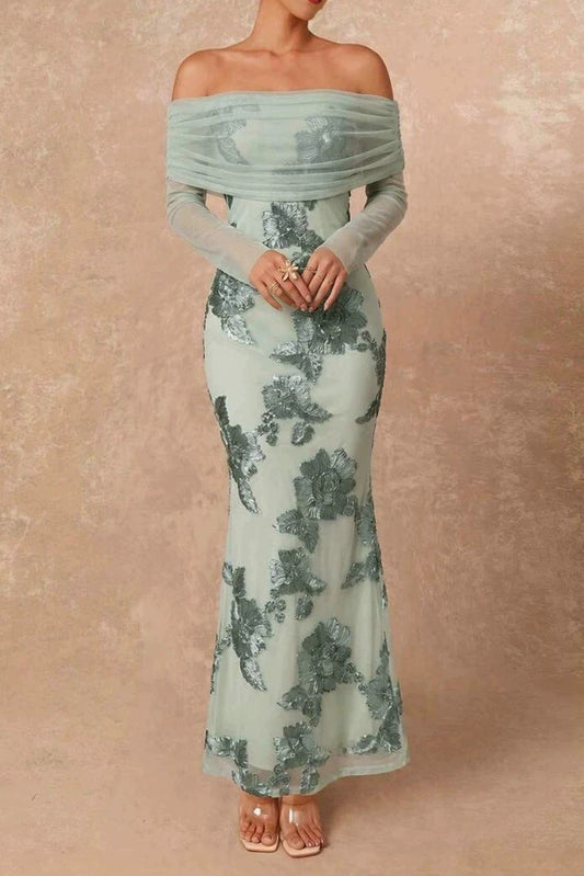 off-shoulder floral jacquard mesh maxi dress