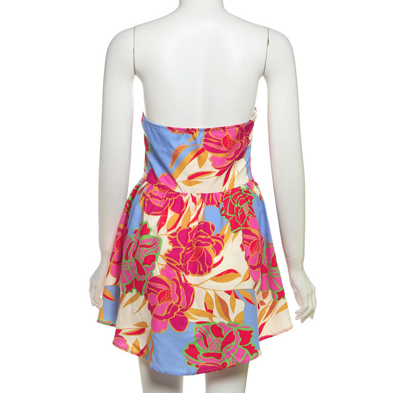 Strapless backless floral printed mini dress