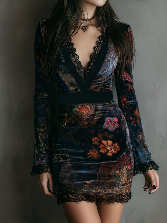V-neck lace-trimmed printed long-sleeved bodycon mini dress