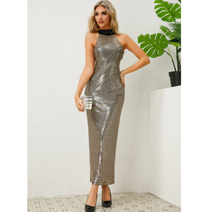 sequined halterneck backless midi dress